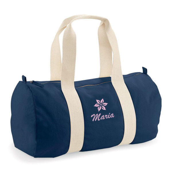 Duffelbag i økologisk bomuld med broderet motiv og navn Duffelbag i økologisk bomuld med broderet motiv og navn