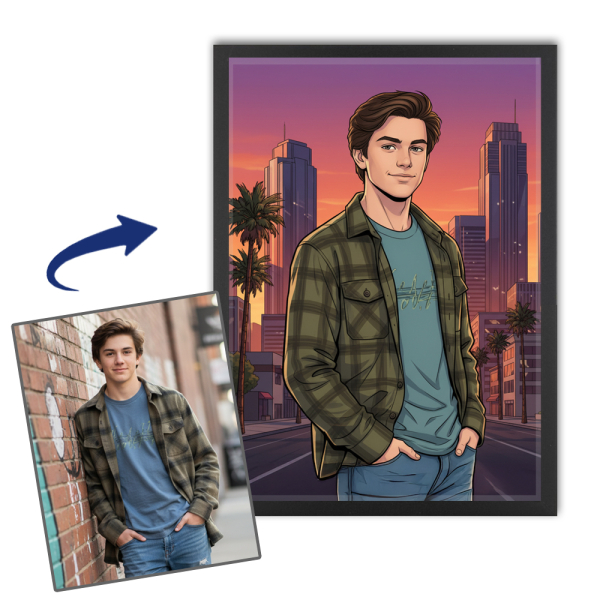 Illustreret portr&aelig;t i videospilstil ud fra et foto