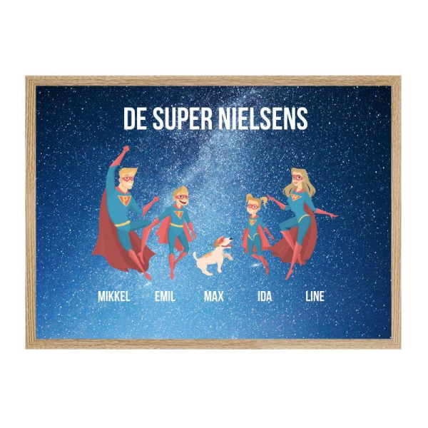 Indrammet plakat med superheltefamilie