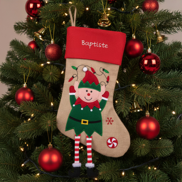 Julesok med broderede julefigurer og navn