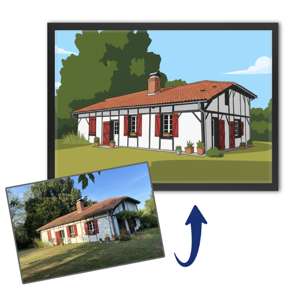 Portr&aelig;t af hus i flad design efter et foto