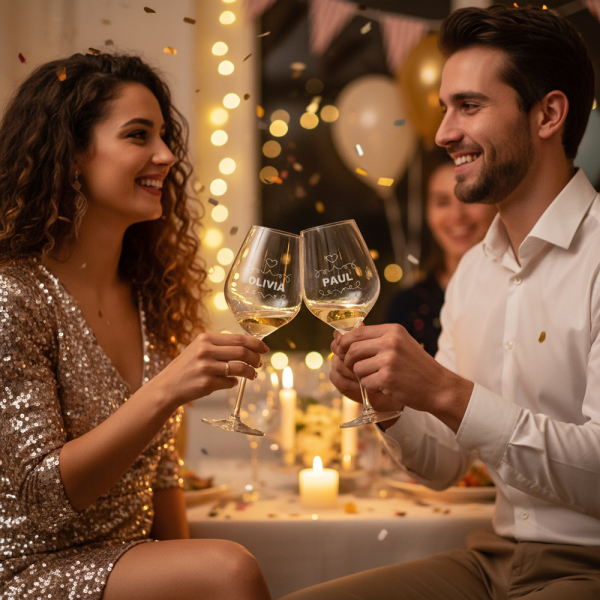 Personligt gaves&aelig;t med 2 vinglas �Cheers�