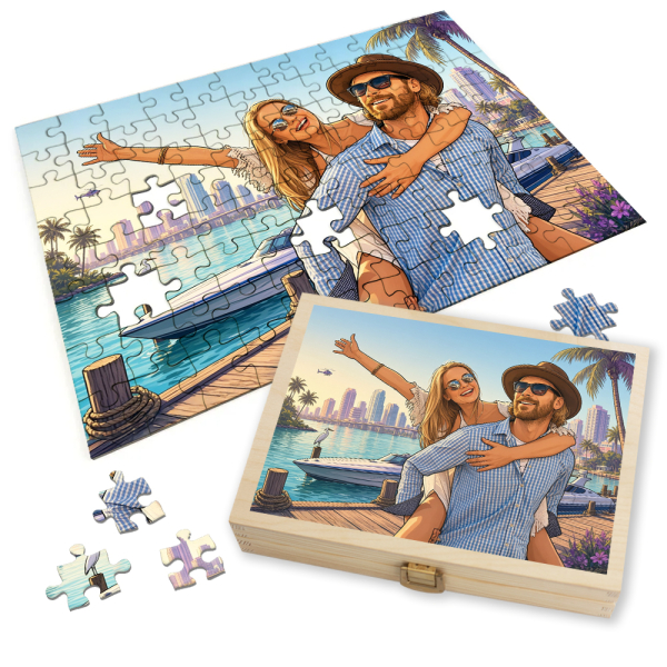 Puzzle-foto transformeret til et videospil-cover GTA-stil